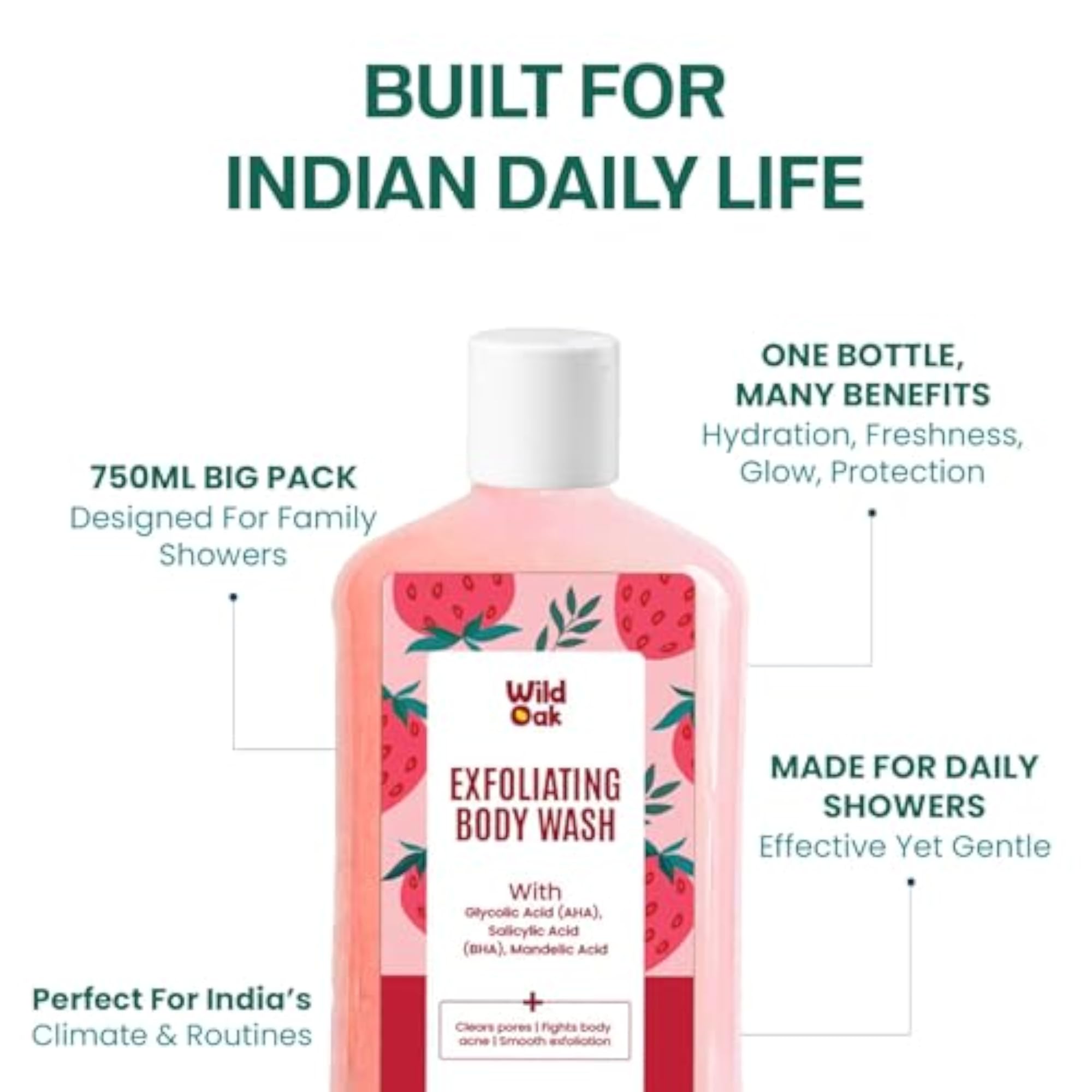 WildOak AHA BHA Exfoliating Body Wash, 750ml Value Pack